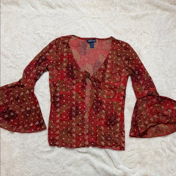 Y2K Limited Too Sheer Red Paisley Flare Sleeve Blouse - Picture 1 of 6